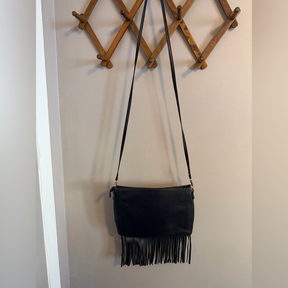 Danier Black Genuine Leather Fringe Crossbody Bag - Boho biker girl